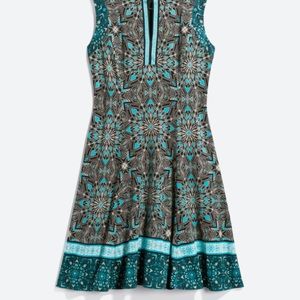 Adorne Scarlet Scuba Knit Dress in light blue, size small, border/graphic print